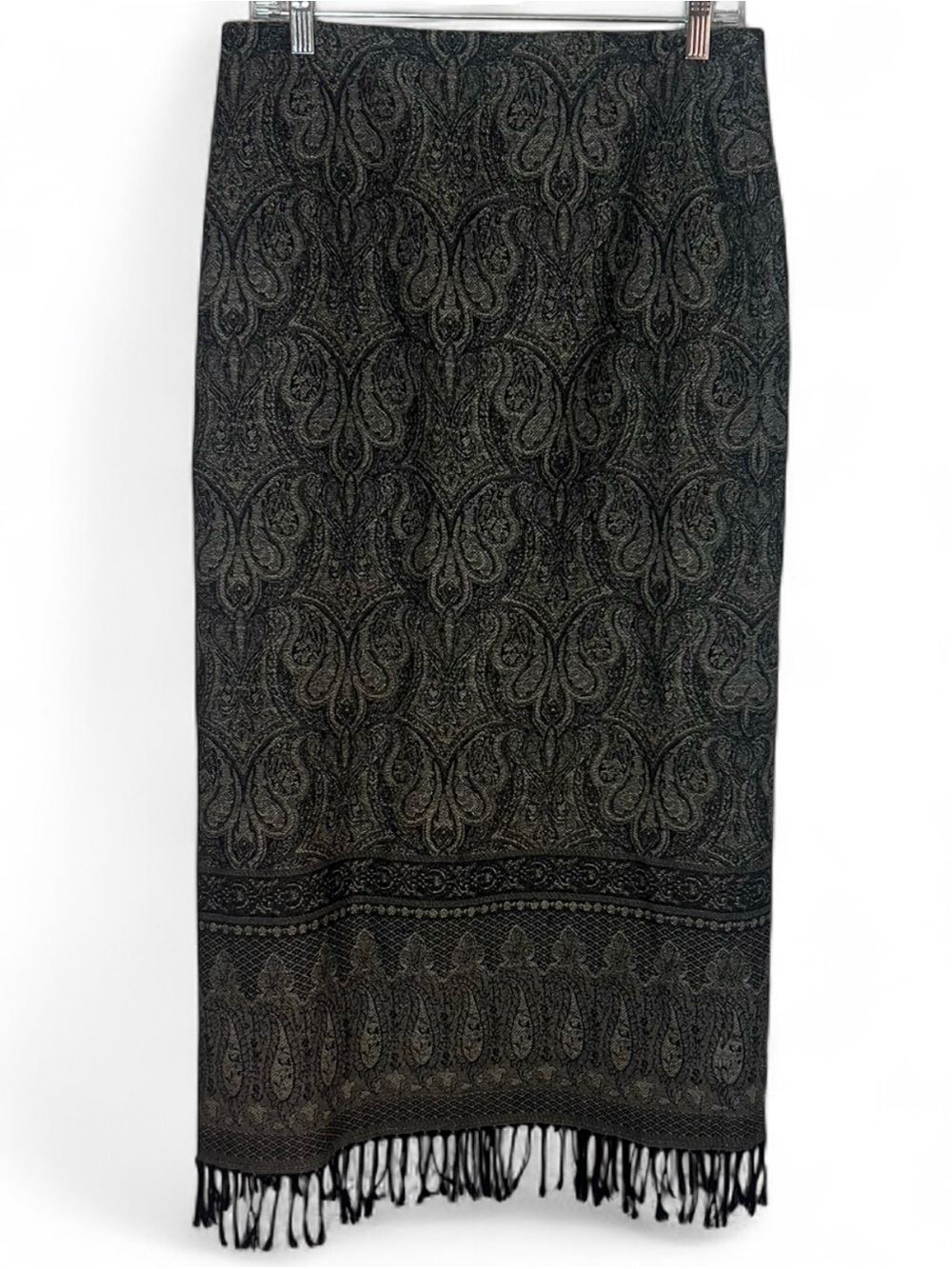 Vintage Talbots Wool Woven Jacquard Fringe Brown Midi Skirt Boho Cottage Size 8
